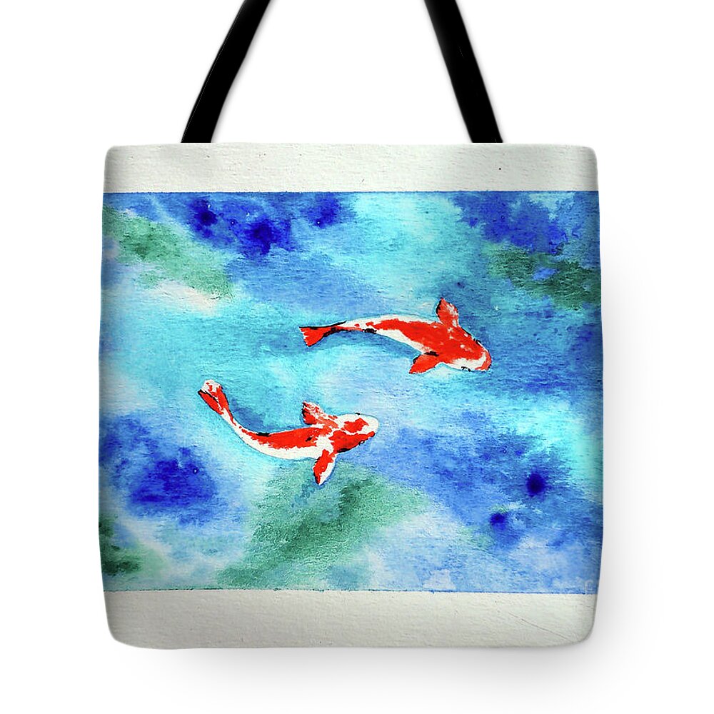 Watercolor Tote Bag featuring the painting Koi in Pond by Rohvannyn Shaw