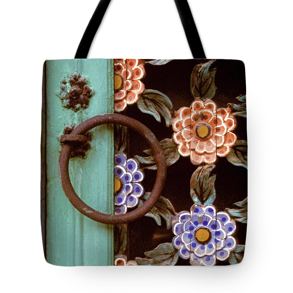 Korea Tote Bag featuring the photograph Korean temple decoration - Floral Gate Detail by Sharon Hudson