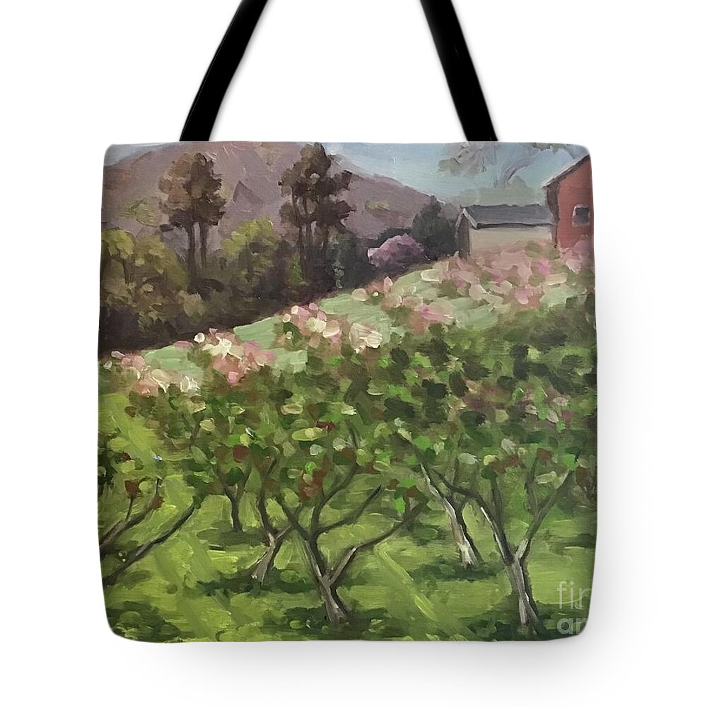 Orchard Tote Bag featuring the painting KTs Spring Orchard by Anne Marie Brown