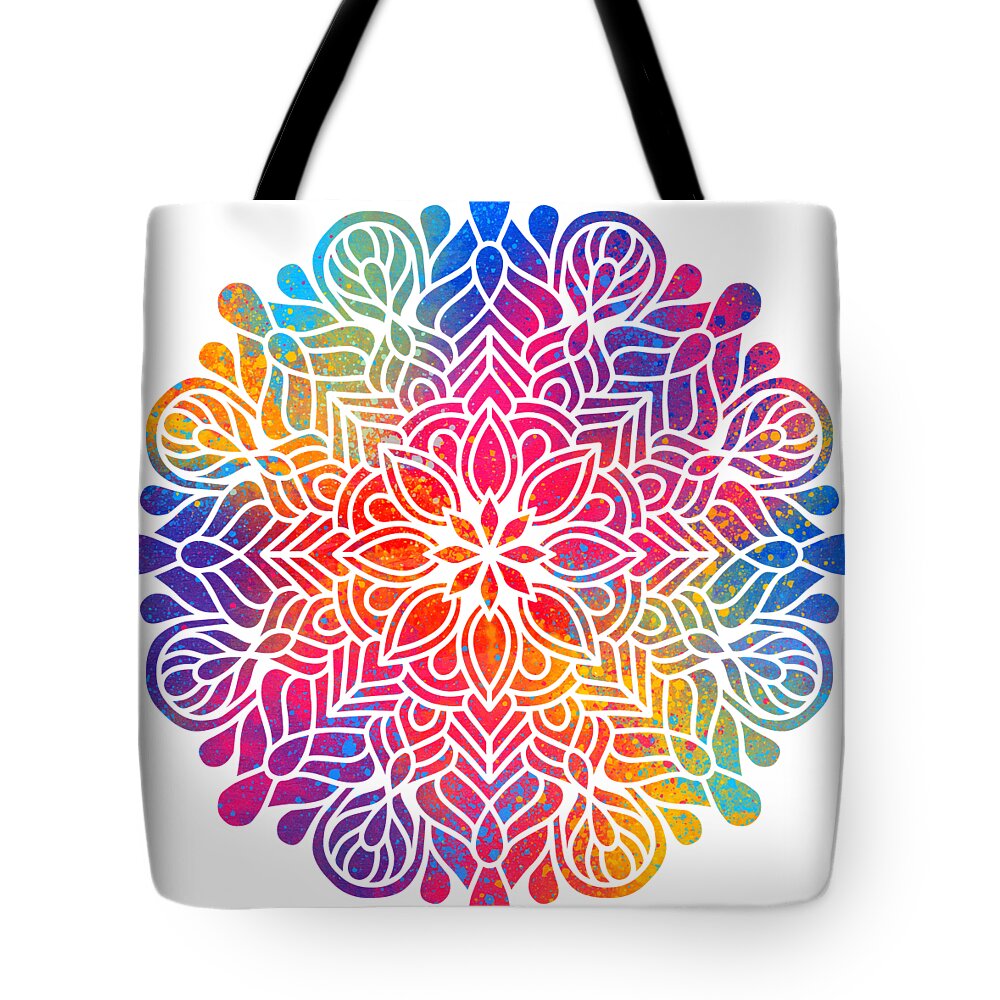 Colorful Tote Bag featuring the digital art Kurama - Colorful Vibrant Rainbow Mandala Pattern by Sambel Pedes
