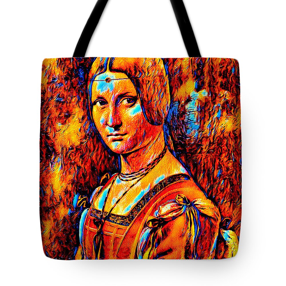 La Belle Ferronnière Tote Bag featuring the digital art La Belle Ferronniere by Leonardo da Vinci - colorful dark orange recreation by Nicko Prints