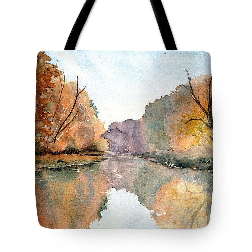 La Platte River Tote Bag featuring the painting La Platte River Fall by Amanda Amend