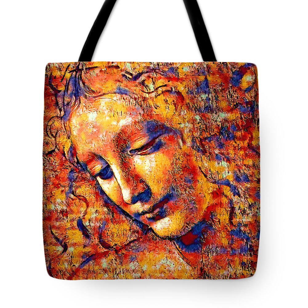 La Scapigliata Tote Bag featuring the digital art La Scapigliata, 'The Lady with Dishevelled Hair', by Leonardo da Vinci - colorful dark orange by Nicko Prints