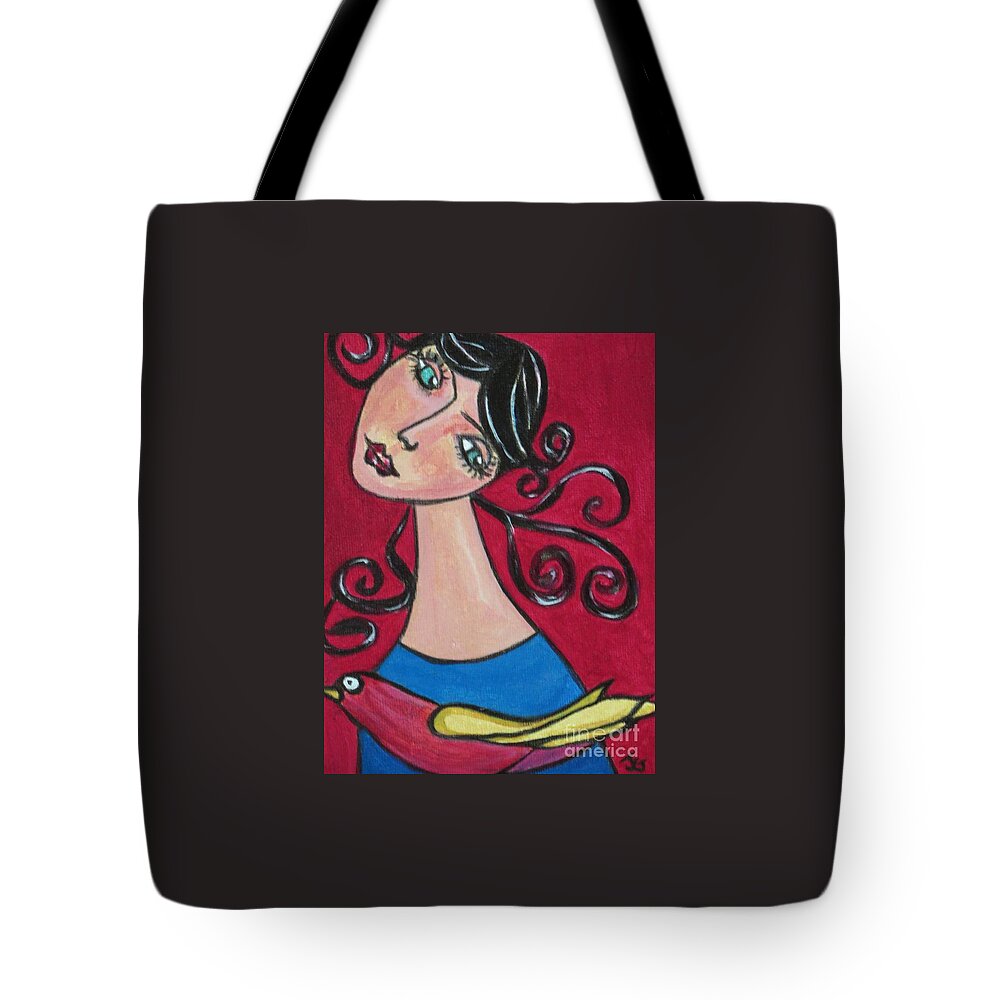 Woman Tote Bag featuring the painting Lady and the Bird by Joyce Gebauer