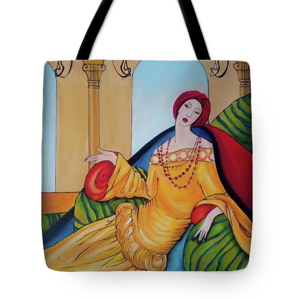 Lady Tote Bag featuring the painting Lady in Pillows by Leonida Arte