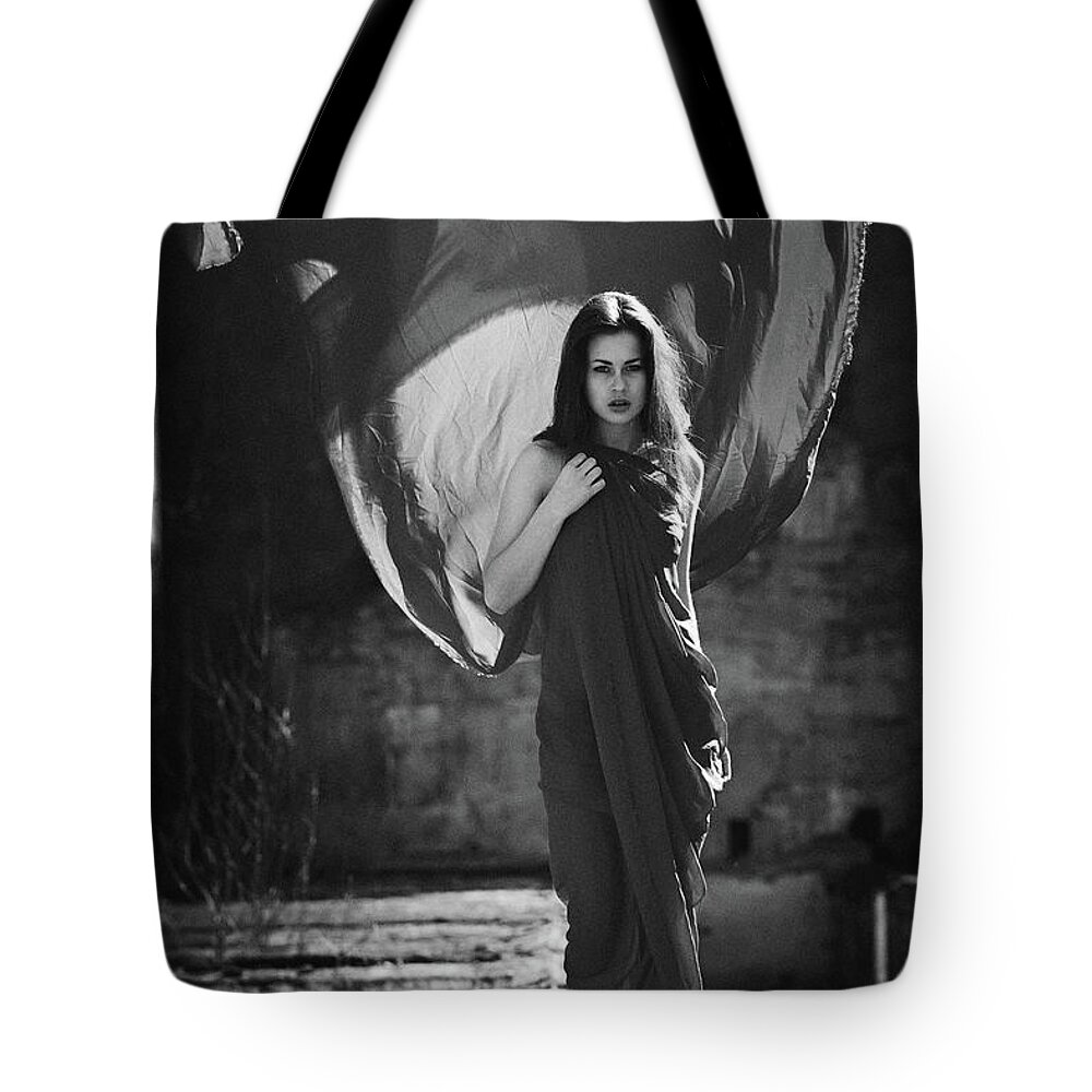 Russian Artist New Wave Tote Bag featuring the photograph Lady in Red in Desolate Place Monochrome by Vitaly Vachrushev