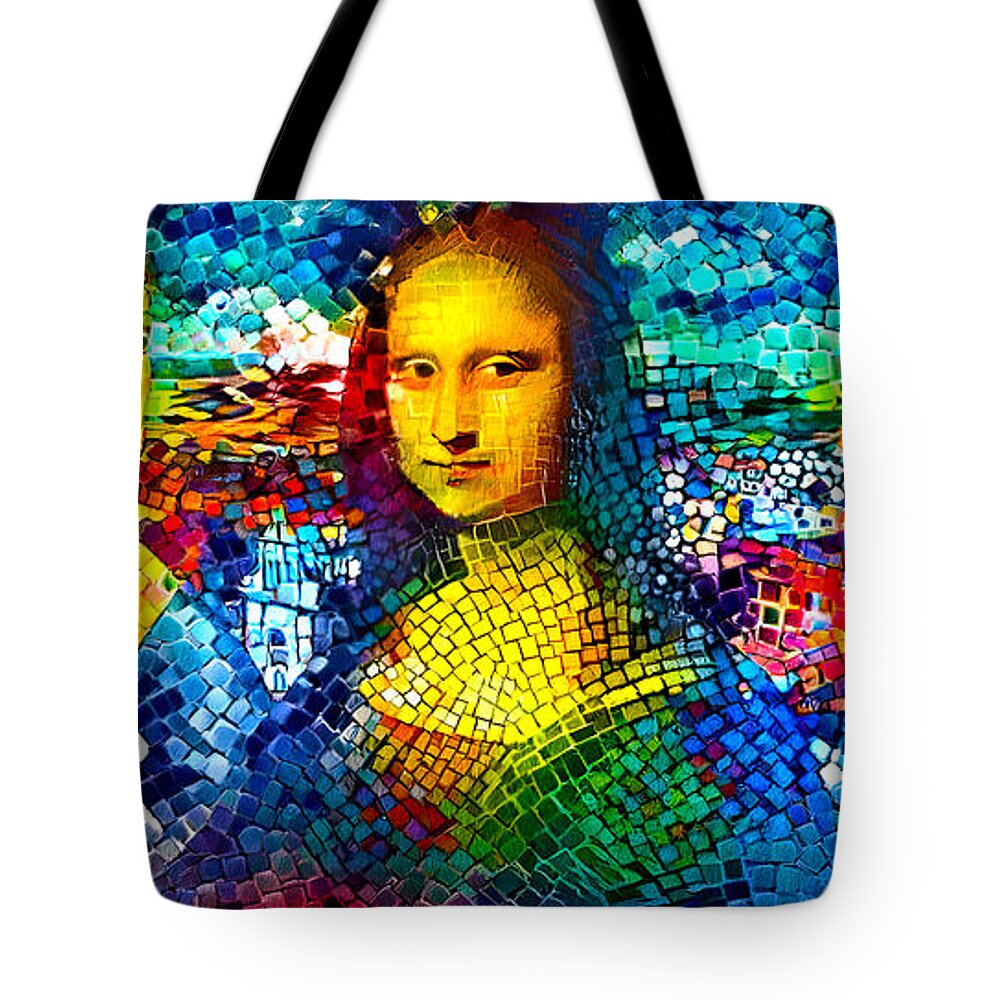 Lady With An Ermine Tote Bag featuring the digital art Lady with an Ermine, Mona Lisa, and La Belle Ferronniere - colorful mosaic by Nicko Prints