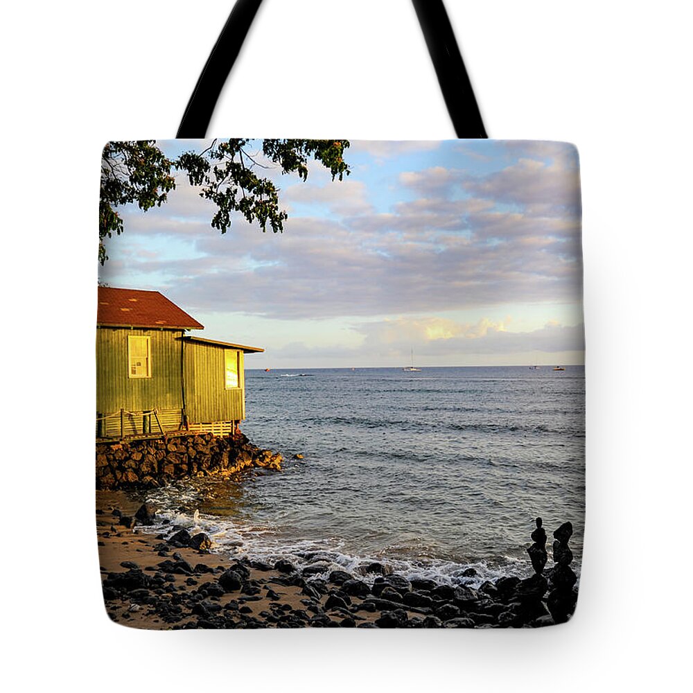 Maui Tote Bag featuring the photograph Lahaina, a sleepy town on Maui, getting ready for sunset. by Gunther Allen