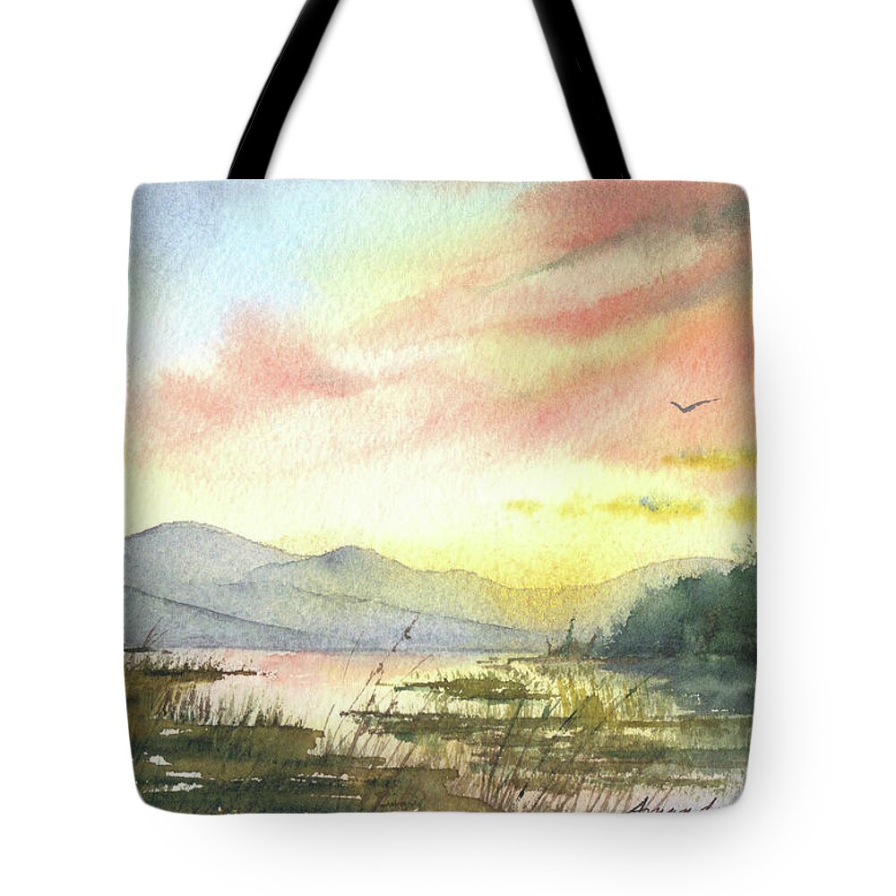Lake Champlain Tote Bag featuring the painting Lake Champlain Sunset by Amanda Amend