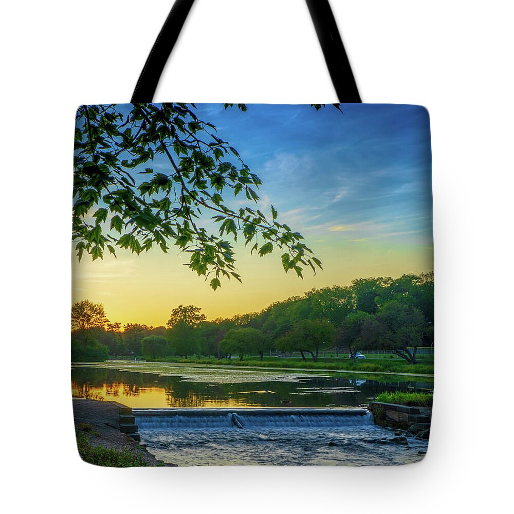 Lake Tote Bag featuring the photograph Lake Dam at Sunset by Jason Fink