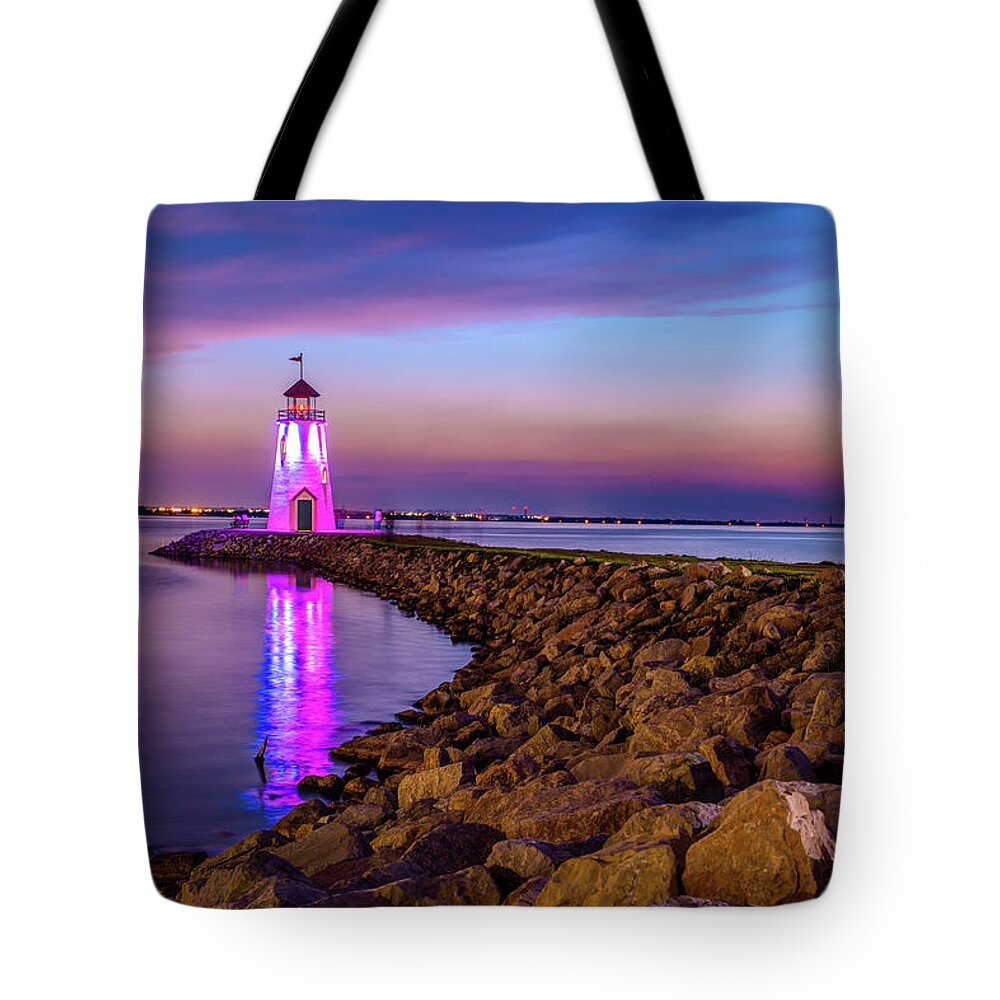 Oklahoma City Tote Bag featuring the photograph Lake Hefner Lighthouse At East Wharf Along The Rocks by Gregory Ballos