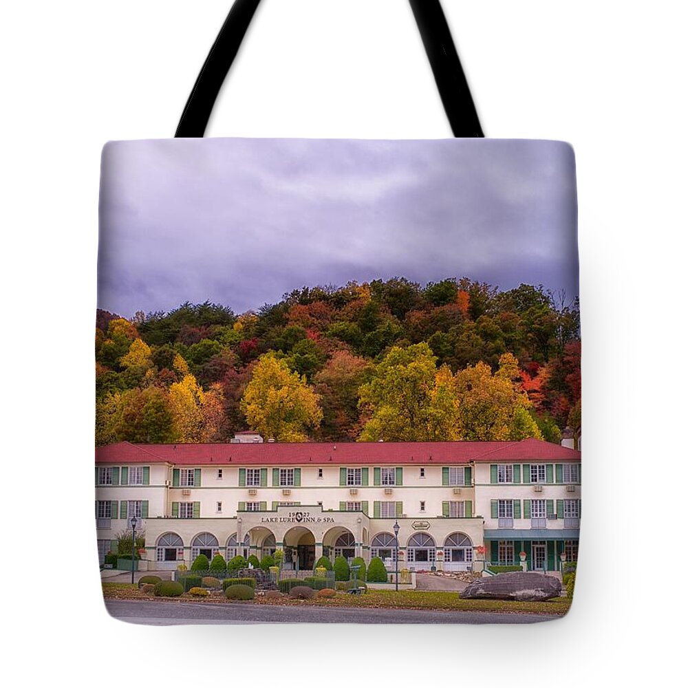 Lake Lure Tote Bag featuring the photograph Lake Lure Inn and Spa by Blaine Owens