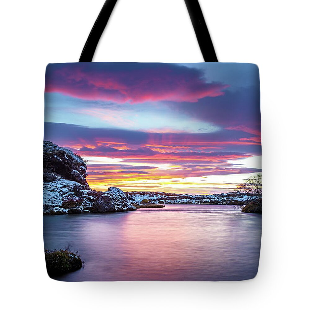 Iceland Tote Bag featuring the photograph Lake Myvatn at sunset, highlands of northern Iceland. Long expos by Jane Rix