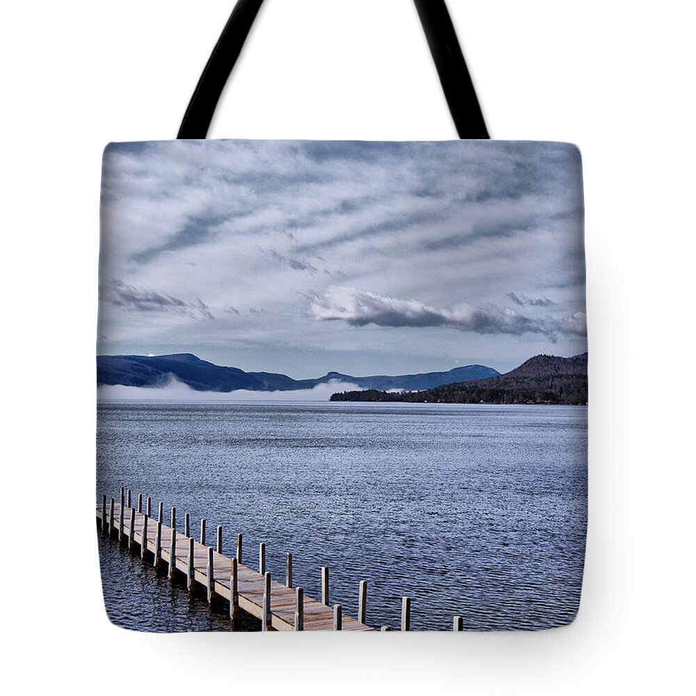 Lake Tote Bag featuring the photograph Lake View Clouds and Dock by Russ Considine