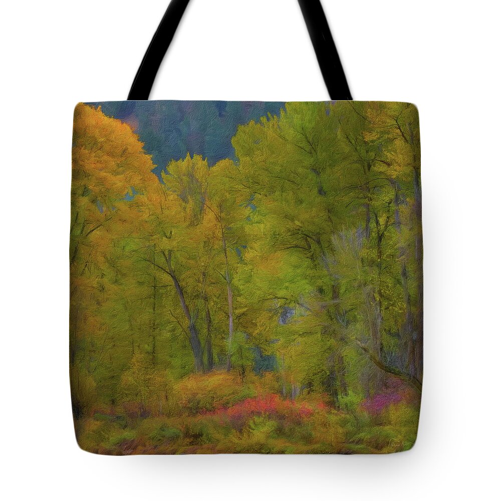 Trees Tote Bag featuring the digital art Lakeshore Colors of Autumn by Russ Harris