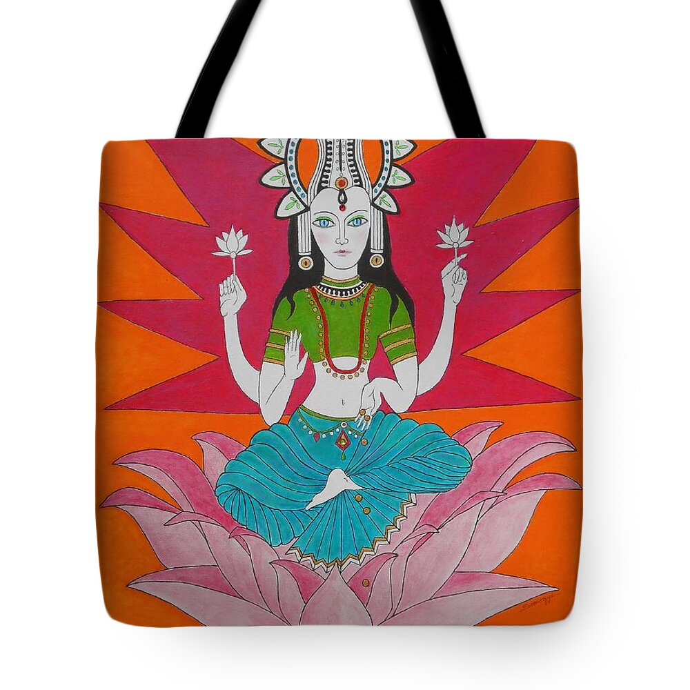 Lakshmi Tote Bag featuring the mixed media Lakshmi, Hindu Goddess of Wealth by Jayne Somogy