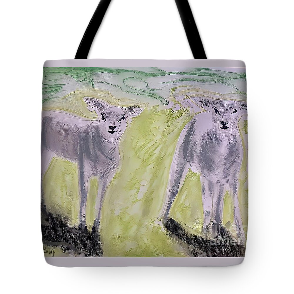 Yellow Tote Bag featuring the mixed media Lambs in the meadow Volume 2 by Ciet Friethoff