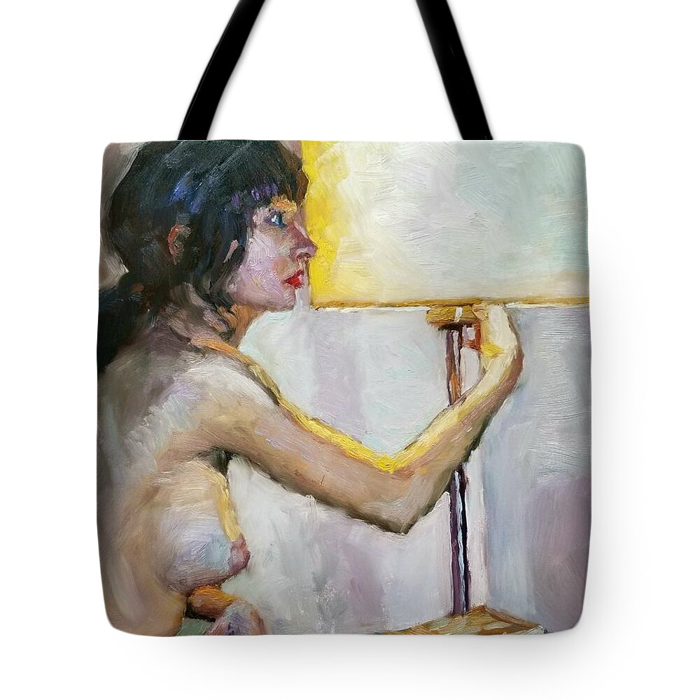 Nude Tote Bag featuring the painting Lamp lighting by Jeff Dickson