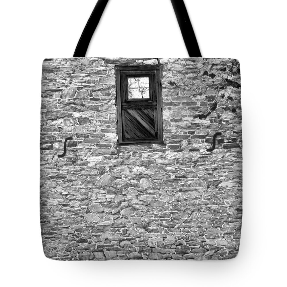 Mill Tote Bag featuring the photograph Lancaster Mill Windows Black And White by Adam Jewell