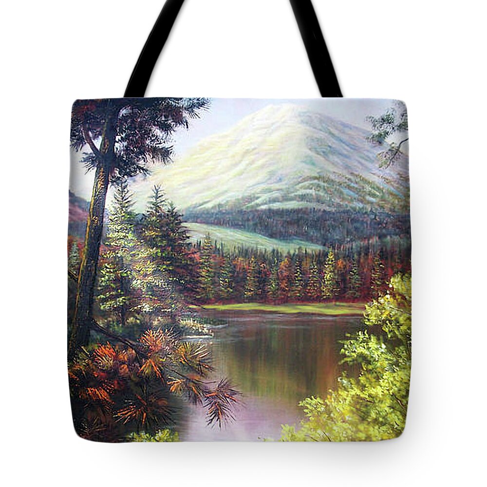 Trees Tote Bag featuring the painting Landscape-lake and trees by Loxi Sibley