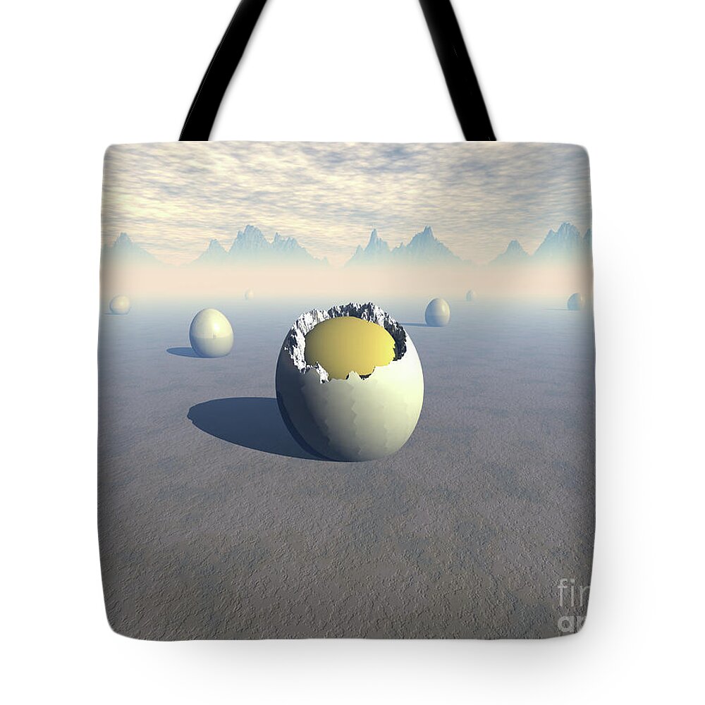 Sci Fi Tote Bag featuring the digital art Landscape of Seven Eggs by Phil Perkins