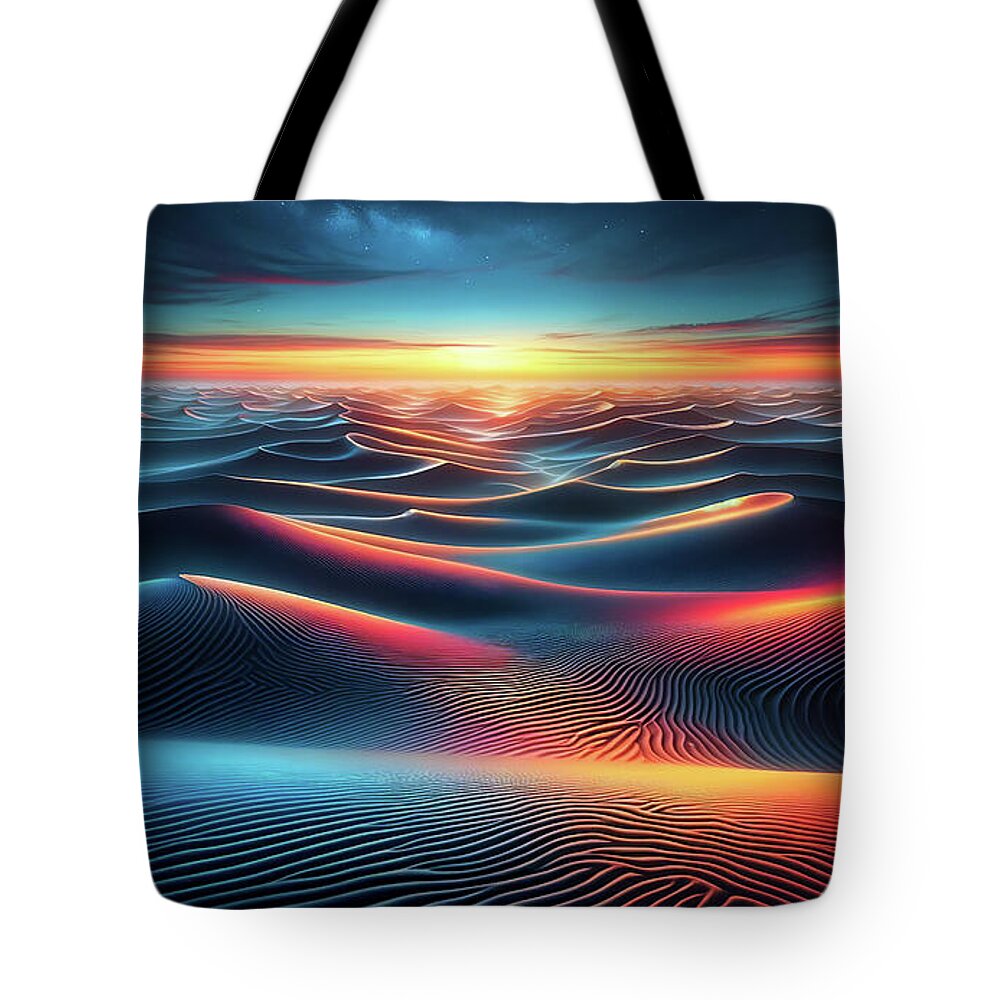 Sunset Tote Bag featuring the digital art Landscape of undulating sand dunes under a twilight sky by Odon Czintos