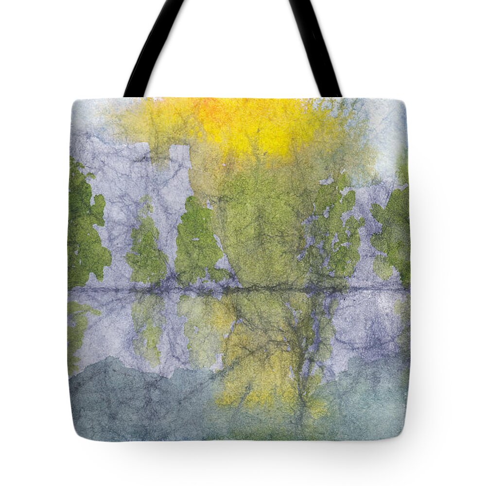 Landscape Tote Bag featuring the painting Landscape Reflection Abstraction on Masa Paper by Conni Schaftenaar