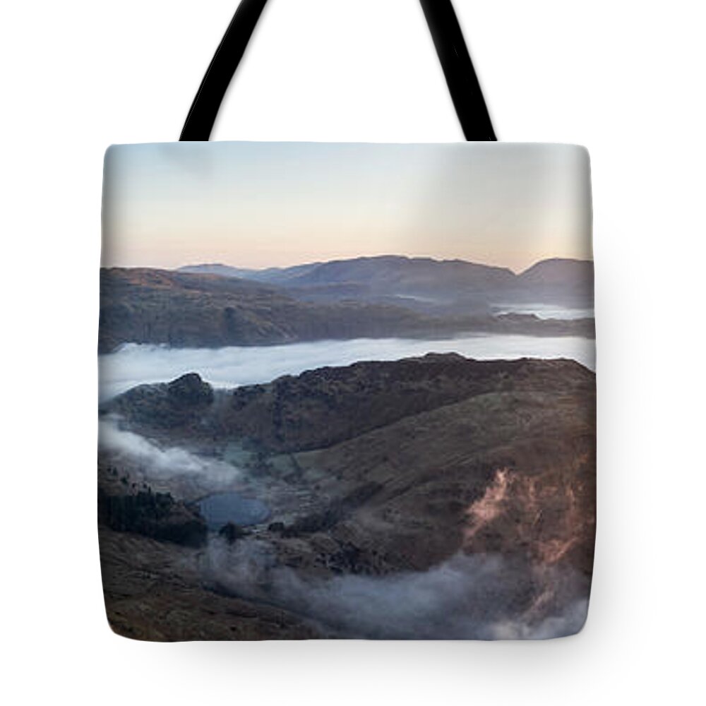 Panorama Tote Bag featuring the photograph Langdale and Blea Tarn Aerial Cloud Inversion Lake District by Sonny Ryse