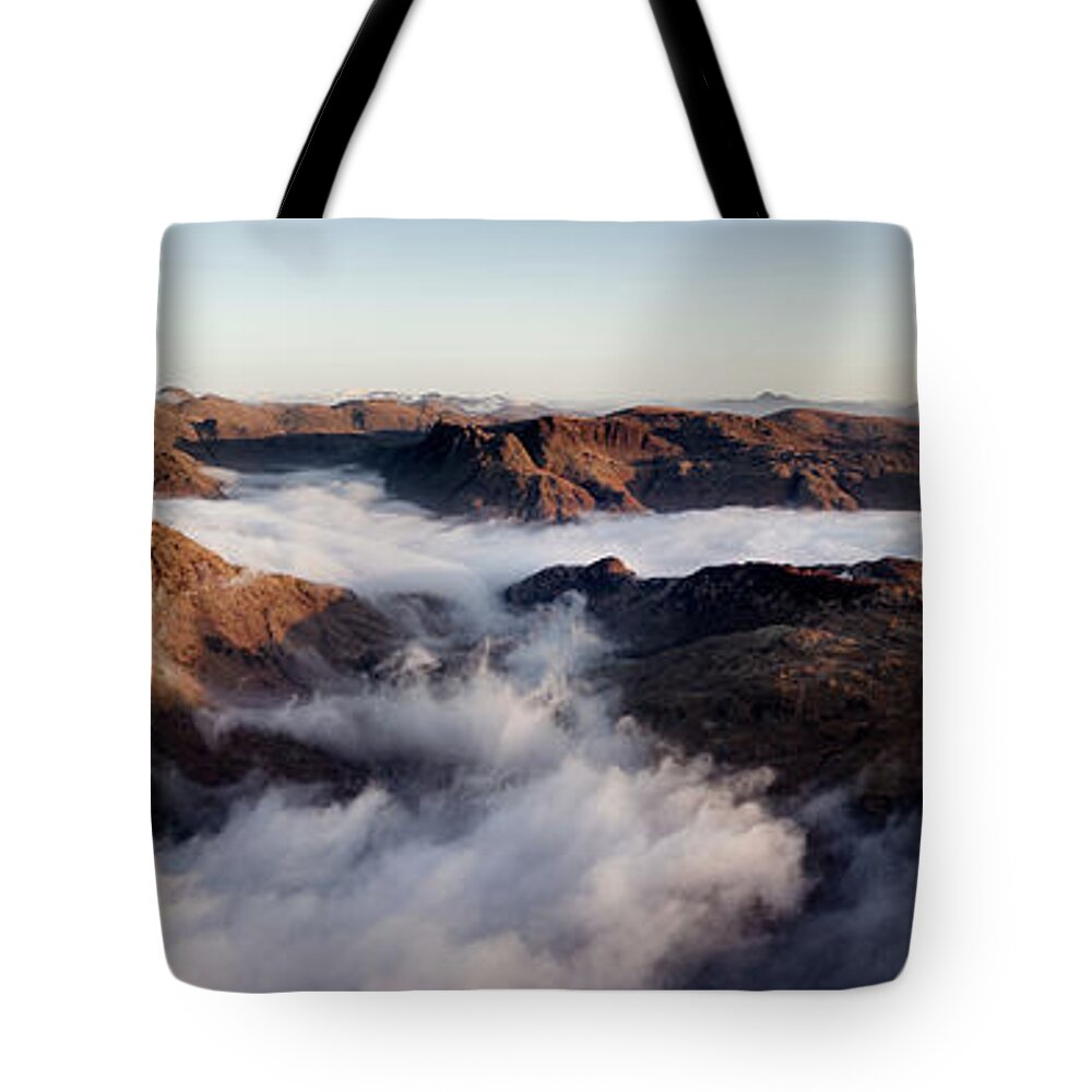 Panorama Tote Bag featuring the photograph Langdale Valley Aerial Cloud Inversion Lake District by Sonny Ryse