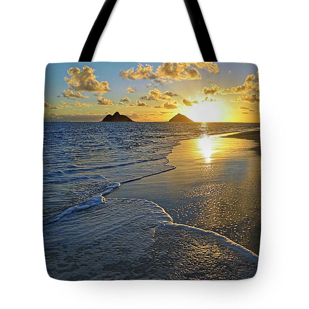 Lanikai Beach Tote Bag featuring the photograph Lanikai Beach Sunrise Foamy Waves by Aloha Art