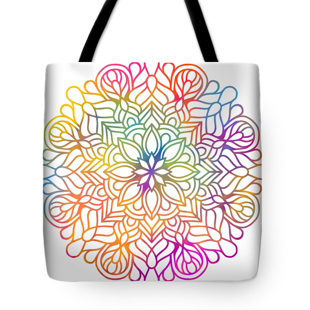 Colorful Tote Bag featuring the digital art Lanjalan - Colorful Vibrant Rainbow Mandala Pattern by Sambel Pedes