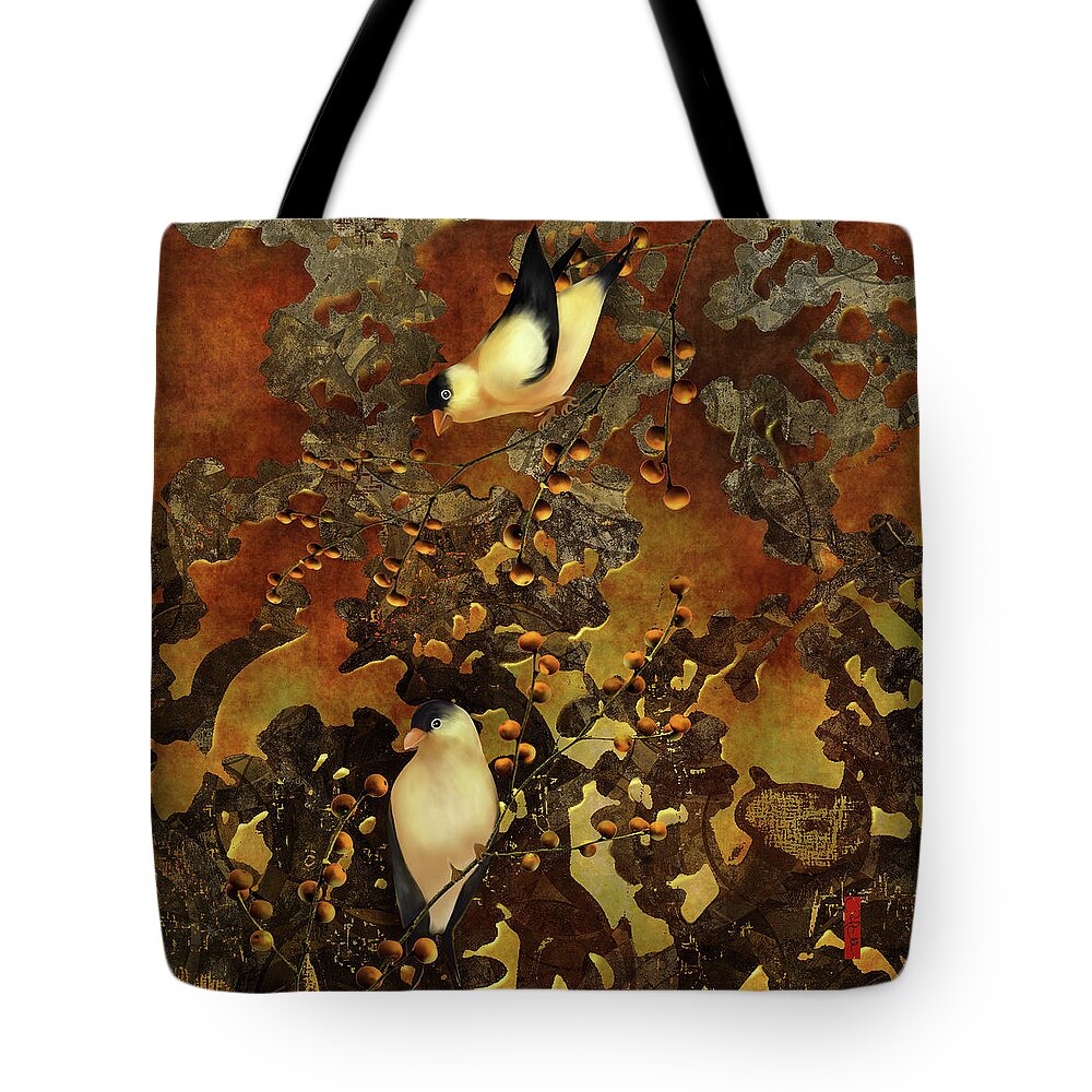 Chinoiserie Tote Bag featuring the digital art Lantern Chinoiserie Goldfinches and Berries by Sand And Chi