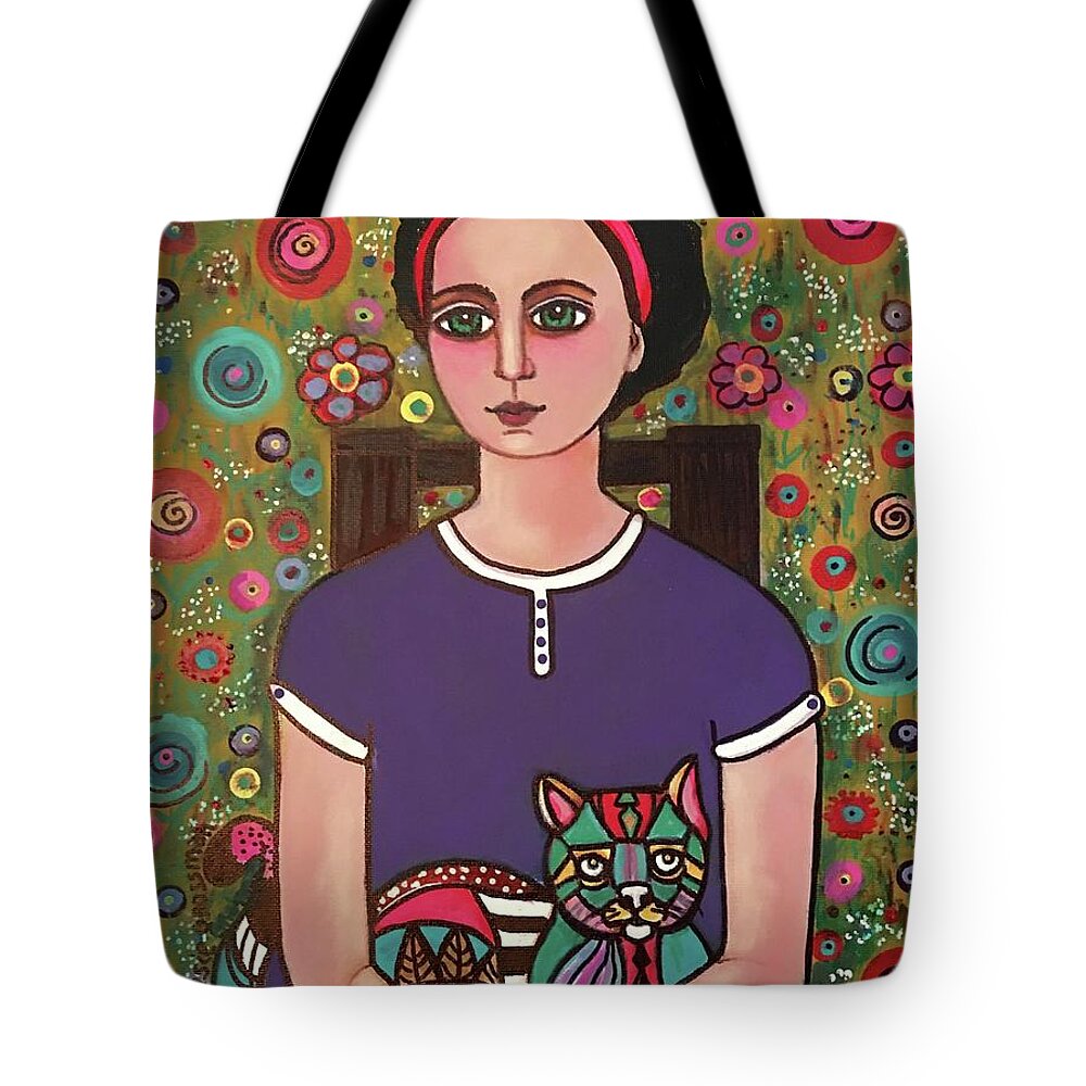 Lap At Cat Flowers Lady Klaidescope Series Tote Bag featuring the painting Lap Cat by Susie Grossman