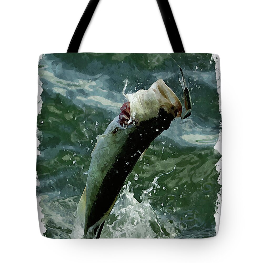 Jumping Tote Bag featuring the digital art Largemouth trying to get away by Chauncy Holmes