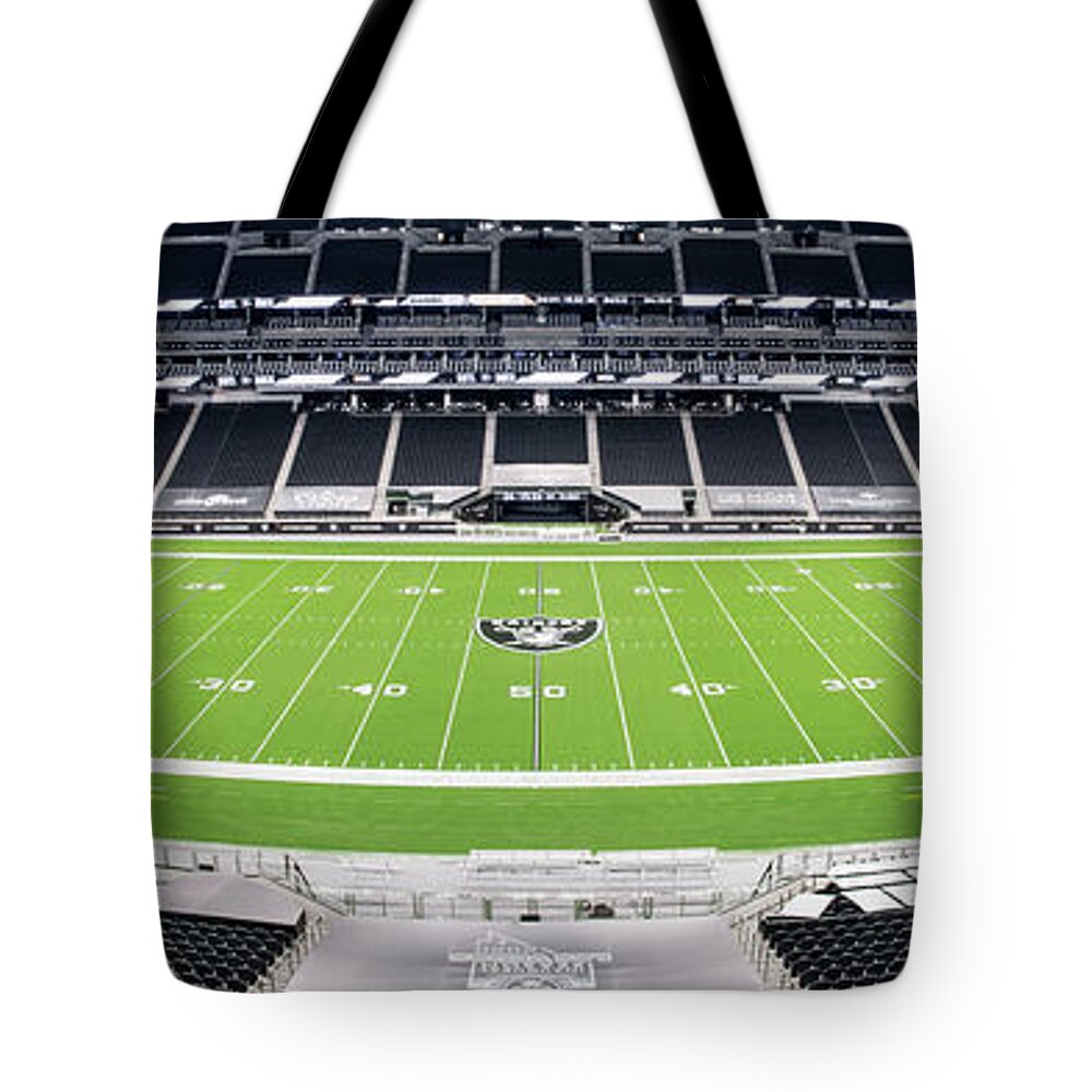 Allegiant Stadium Tote Bag featuring the photograph Las Vegas Raiders Stadium Ultra Wide Full View 50 Yard Line 3 to 1 Ratio by Aloha Art