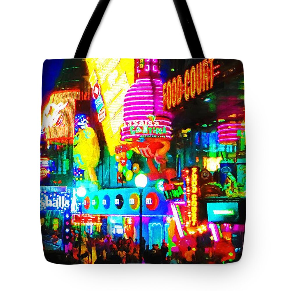 Vegas Tote Bag featuring the mixed media Las Vegas Strip at night by Tatiana Travelways