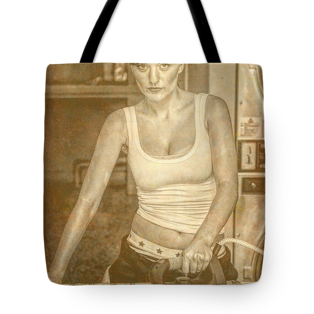 Girl Tote Bag featuring the photograph Laundromat pinup by Jorgo Photography