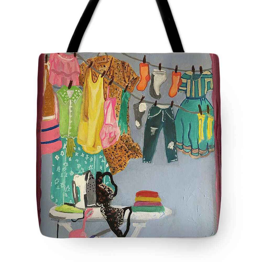 Domestic Chaos During Covid Tote Bag featuring the painting Laundry Day by Theresa Honeycheck