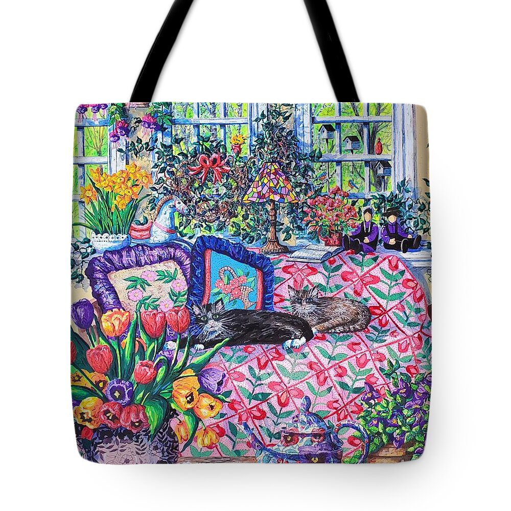 Quilt Tote Bag featuring the painting Lazy Cats by Diane Phalen
