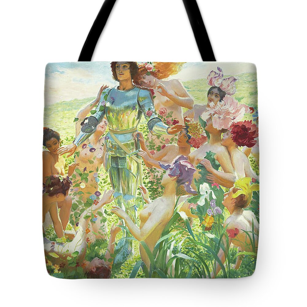 Chevalier Tote Bag featuring the painting Le chevalier aux fleurs by Georges Marie Rochegrosse