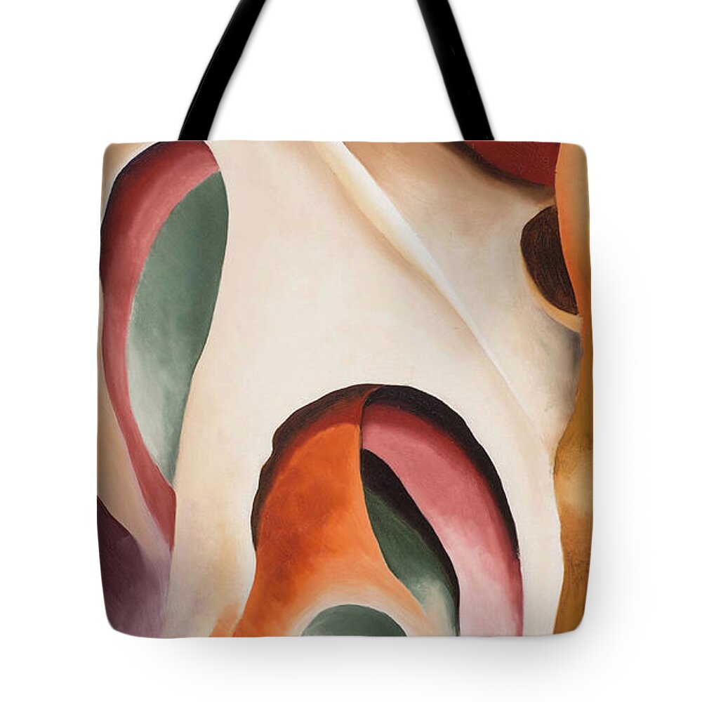 Georgia O'keeffe Tote Bag featuring the painting Leaf motif No 2 - Colorful modernist abstract nature painting by Georgia O'Keeffe