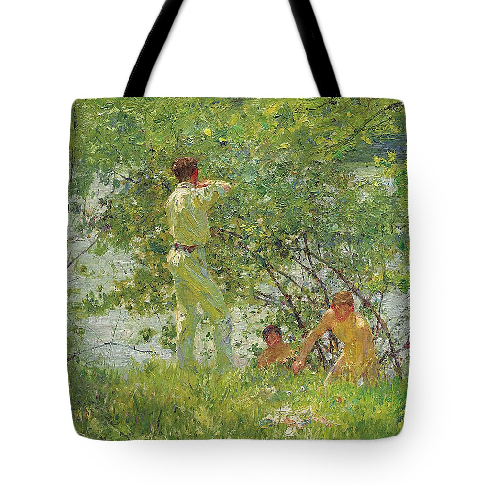 Henry Scott Tuke Tote Bag featuring the painting Leafy June by Henry Scott Tuke