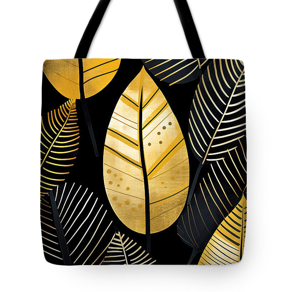 Tropical Tote Bag featuring the painting Leafy Marvels - Black and Gold Leaf Art by Lourry Legarde