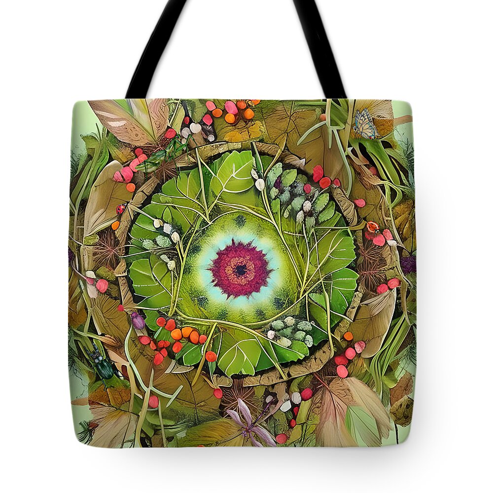  Leafy Tote Bag featuring the digital art Leafy Woodland Nature Mandala 1 by Dianne Keast