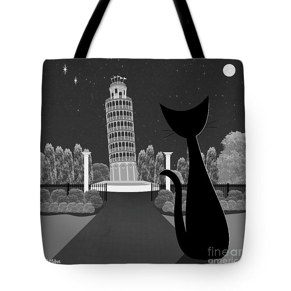 Leaning Tower Tote Bag featuring the digital art Leaning Tower of Pisa Cat by Donna Mibus