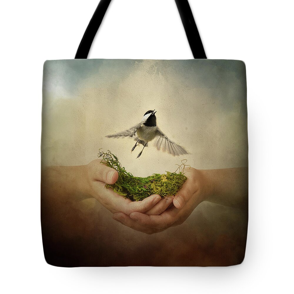 A Bird In The Hand Tote Bag featuring the photograph Leap of Faith Chickadee A Bird In The Hand by Jai Johnson