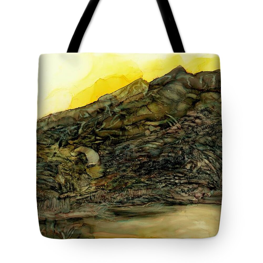 Mountain Tote Bag featuring the painting Learning patience at the tarn by Angela Marinari
