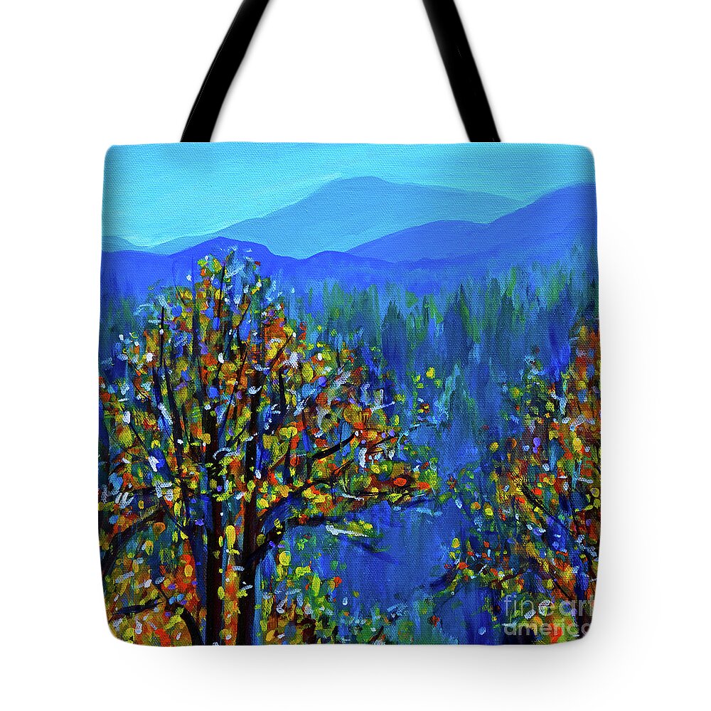 Contemporary Landscape Painting Tote Bag featuring the painting Leaves Are Falling All Around by Tanya Filichkin