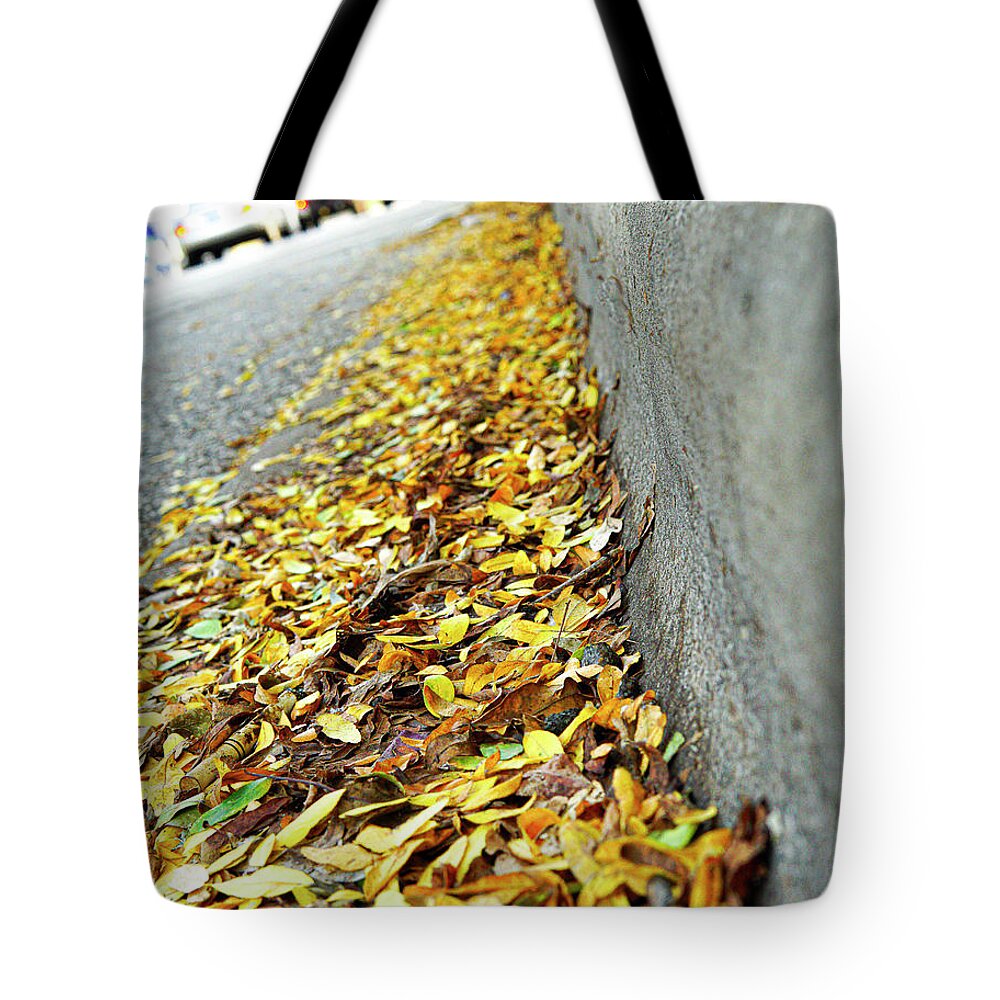 Leaves Yellow Street Curb Fall Autumn Tote Bag featuring the photograph Leaves on the Curb by David Morehead