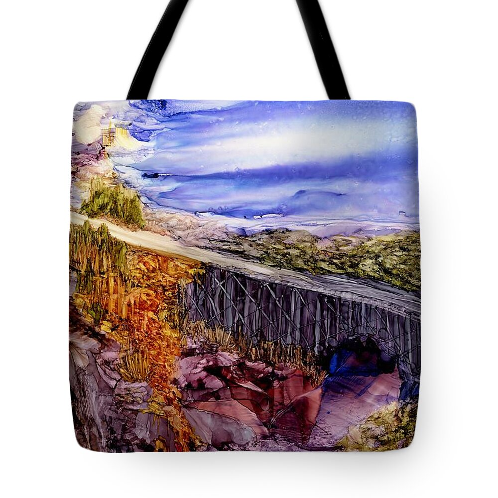 Bridge Tote Bag featuring the painting Leaving it all behind by Angela Marinari